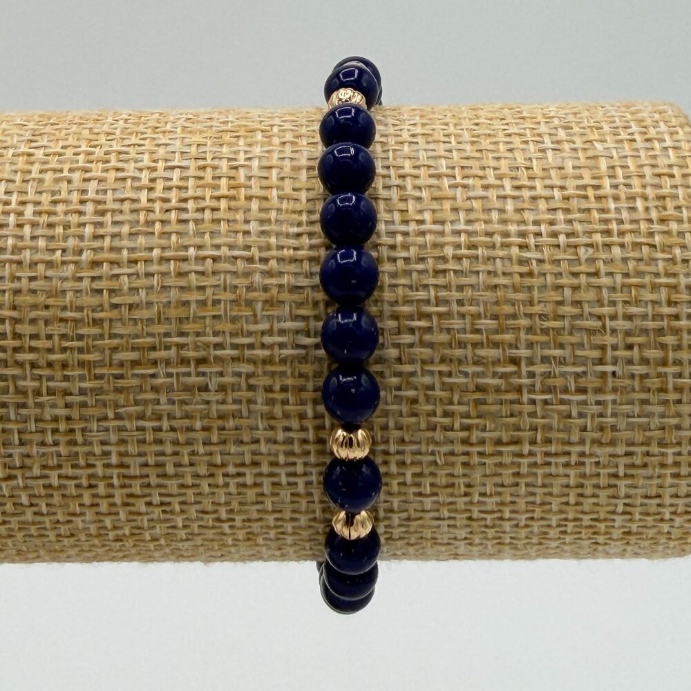 Vintage Signed AVON Navy Blue Beaded Bracelet | Gold Tone Spacers & Clasp